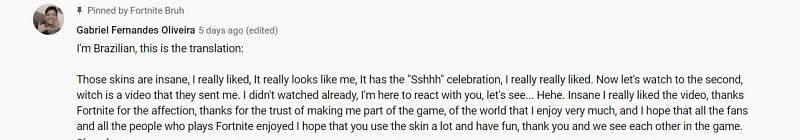 A fan went on to translate what Neymar Jr. said in the video with respect to his skin in Forntnite. Image via YouTube (Fortnite Bruh)