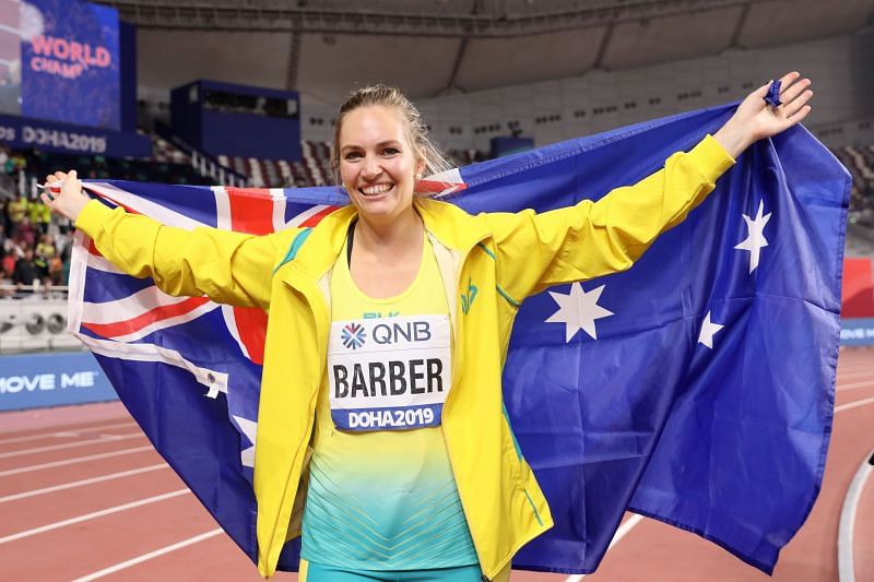 Kelsey-Lee Barber celebrates after winning gold in 2019 IAAF World Athletics Championships