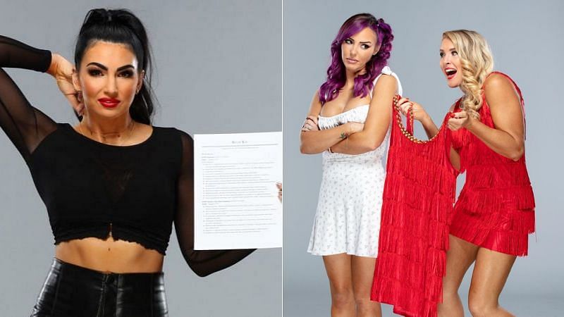 Billie Kay on SmackDown (left); Peyton Royce and Lacey Evans on RAW (right)