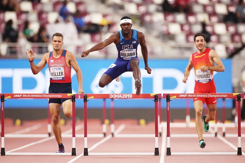 Rai Benjamin of the United States in action during the 17th IAAF World Athletics Championships Doha 2019 at Khalifa International Stadium (Photo by Christian Petersen/Getty Images)