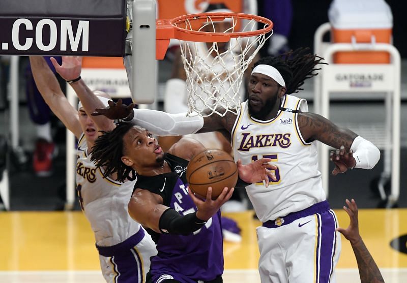 LA Lakers Montrezl Harrell battles against Toronto