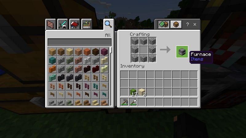 Crafting a furnace to make stone bricks in Minecraft