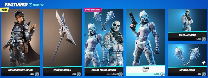 The Scrapknight Jules and the Metal Masque bundle can be found in the Featured section in the Fortnite item shop. Image via Epic Games.