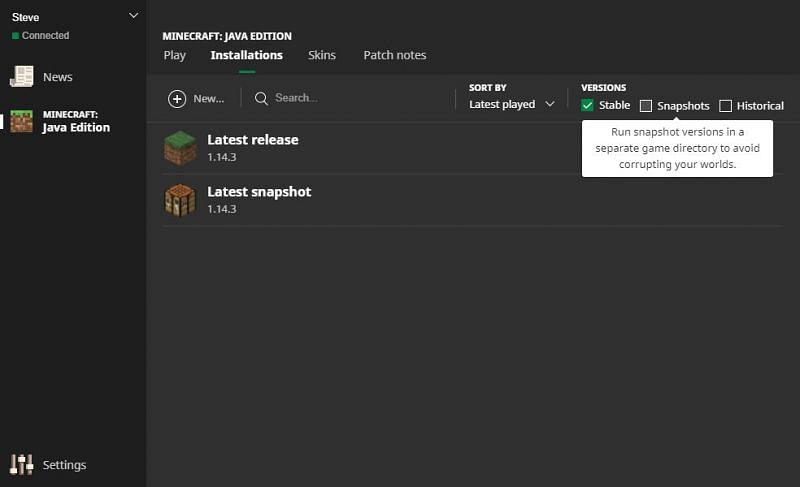 Enable snapshots from the installation page (Image via Minecraft Wiki)