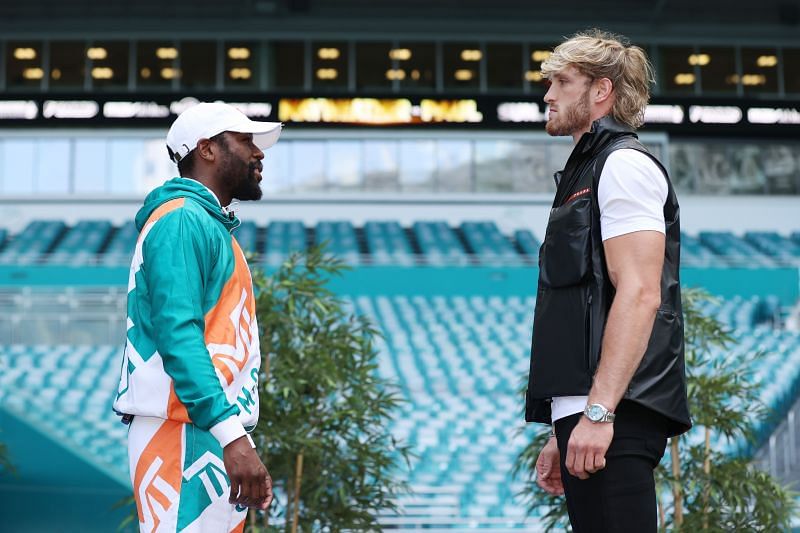 Floyd Mayweather (left) and Logan Paul (right) face-off at Hard Rock Stadium