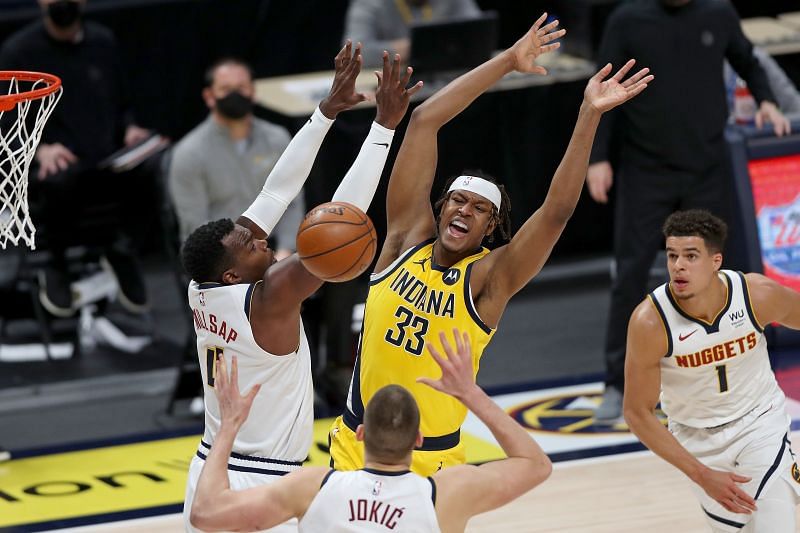 Myles Turner #33 of the Indiana Pacers (center) in action