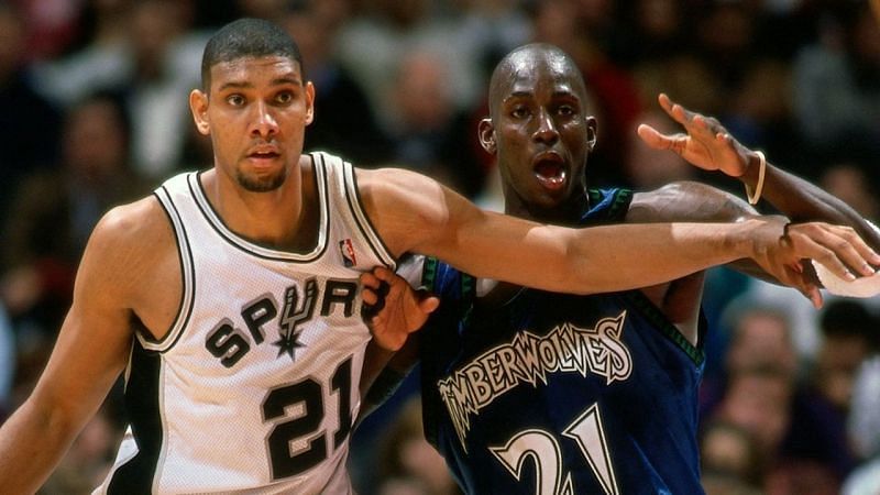Kevin Garnett with the Minnesota Timberwolves and Tim Duncan of the San Antonio Spurs