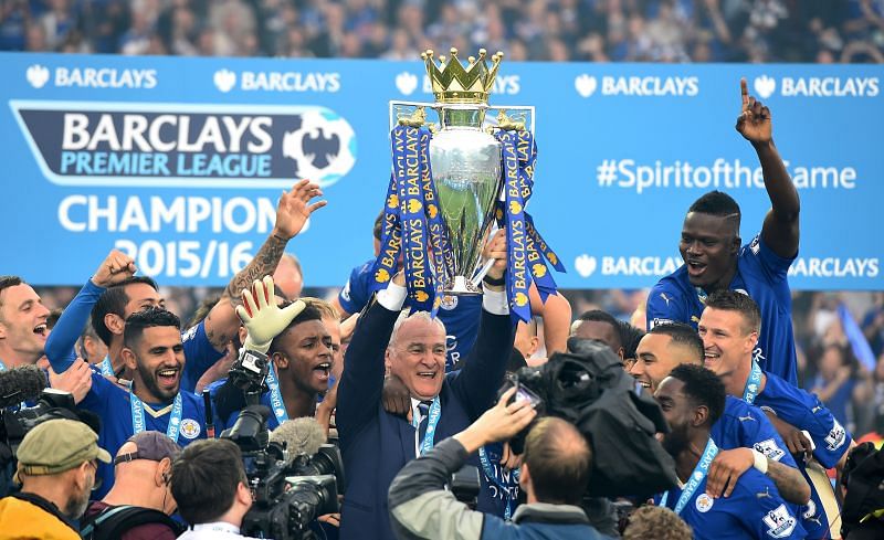 Leicester City celebrate their 2015-16 Premier League win.