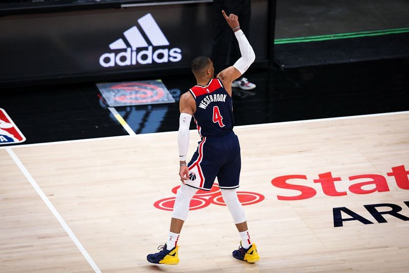 Russell Westbrook #4 reacts during the game against the Atlanta Hawks
