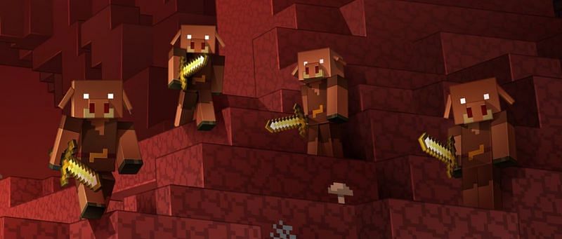 A group of Piglins and their gold swords in Minecraft (Image via Mojang)