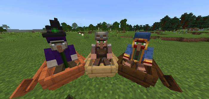 Witch and wandering trader in a boat (Image via mcbedrock)