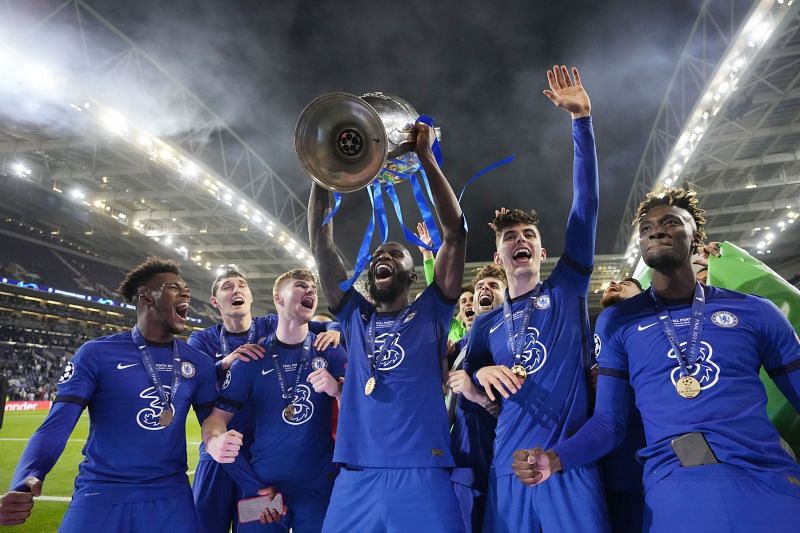 Chelsea celebrate with the Champions League trophy