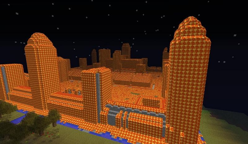 A large base being completely griefed by lava (Image via minecraft.fandom)