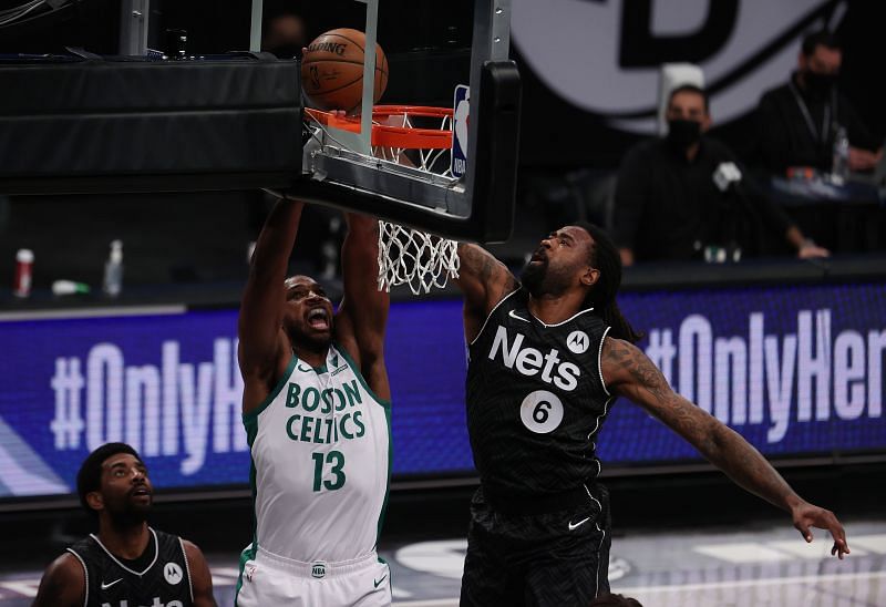 Tristan Thomspon in action for the Boston Celtics against the Nets in game 1.