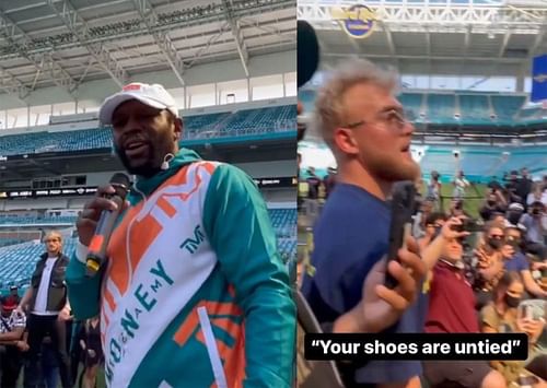 Jake Paul untied Floyd Mayweather's shoes during a press conference for his fight with Logan Paul (Image via Instagram, Bleacher Report Kicks)