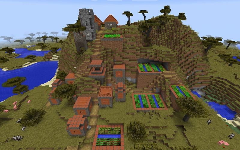 An absolutely stunning mountainside savanna village (Image via minecraftseedhq)