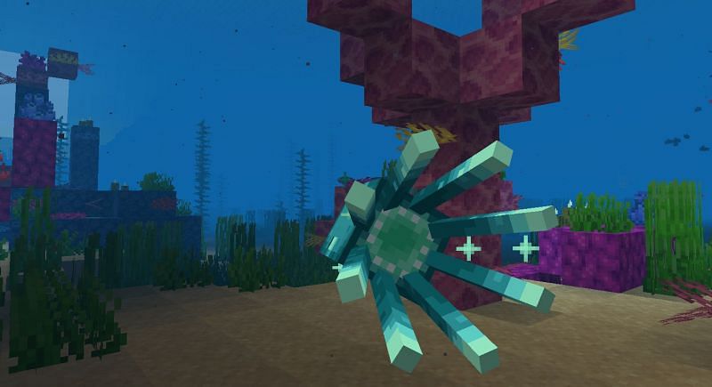 A beautiful shot of a Glow Squid in a Coral Reef (Image via Minecraft)