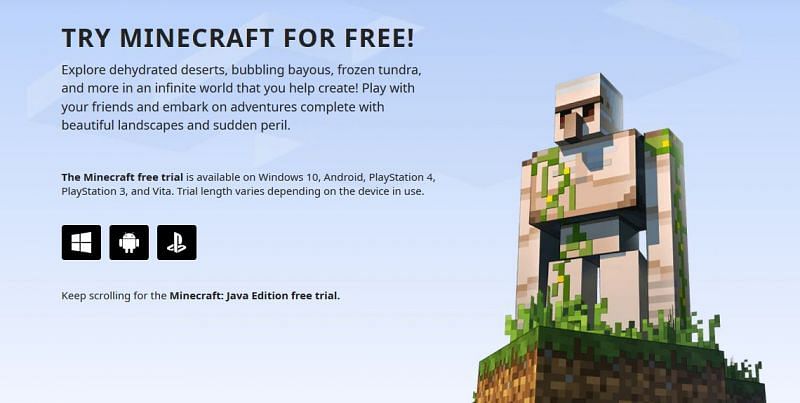 The official splash page for the Minecraft demo mode (Image via Mojang)