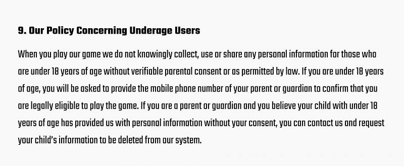 Privacy policy for children under 18 years of age