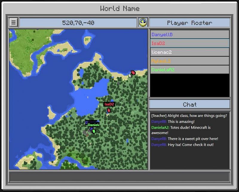 An image of the Classroom Mode menu that shows student&#039;s location as well as a chat. (Image via Mojang)