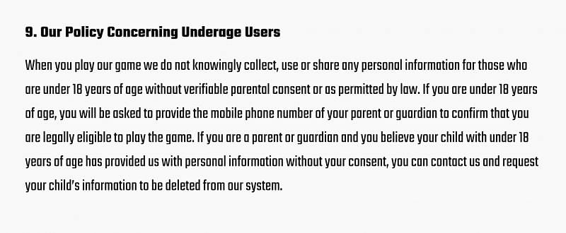 Battlegrounds Mobile India&rsquo;s privacy policy regarding under-18 players (Image via Battlegrounds Mobile India)