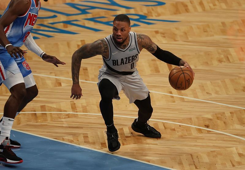 Damian Lillard of Portland Trail Blazers in action vs Brooklyn Nets