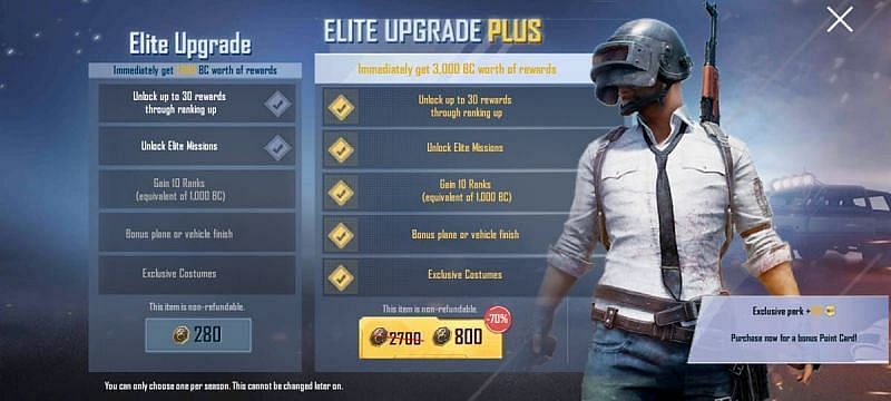 The Elite Pass Upgrade is worth 280 BC, and the Elite Upgrade Plus costs 800 BC