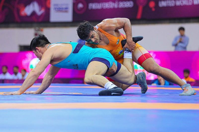 Deepak Punia (right) claimed a silver medal at the Asian Championships, in Almaty, Kazakhstan, last month