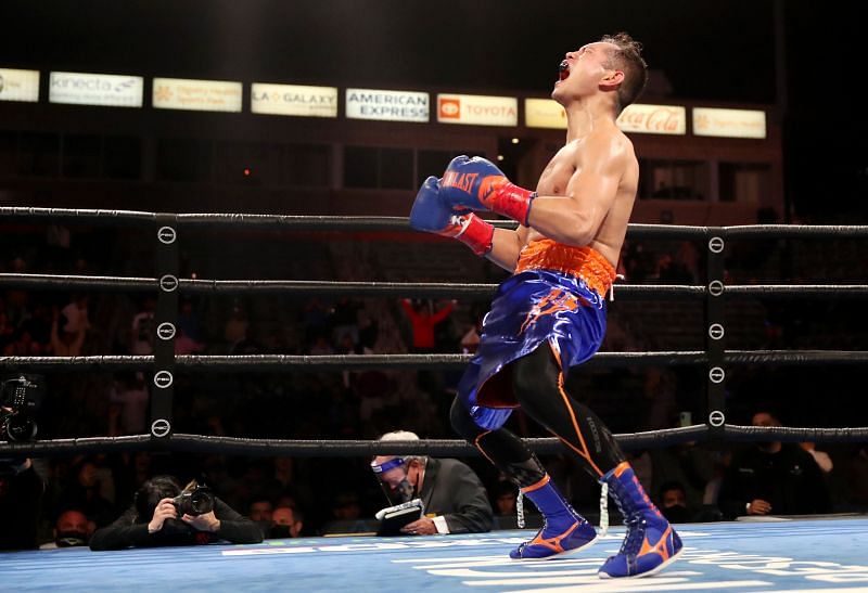 Nonito Donaire celebrates his win over Nordine Oubaali