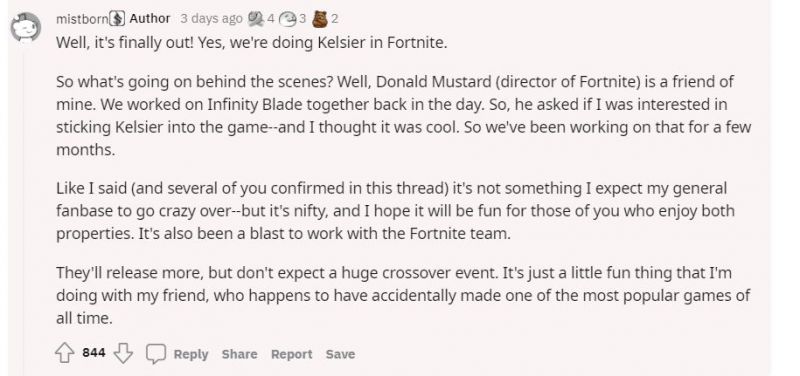 Reddit post clarifying the Fortnite Mistborn crossover (Image via Reddit)