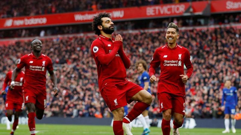 Mohamed Salah celebrates his goal against Chelsea.