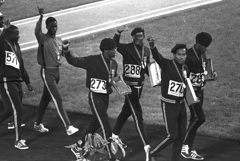 Lee Evans and teammates seen raising fists in support of Black Panther Party during Mexico Olympics.