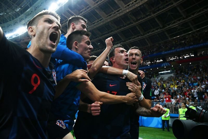 Croatia celebrate after their 2018 World Cup semi-final win against England