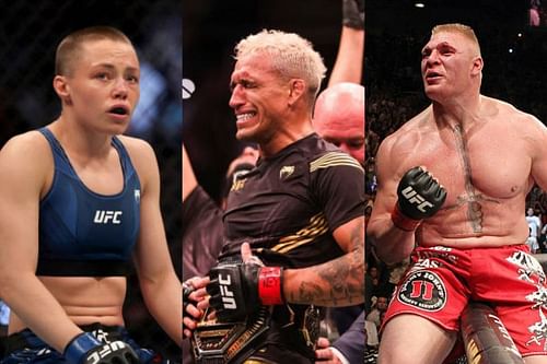 Rose Namajunas (left); Charles Oliveira (center); Brock Lesnar (right).