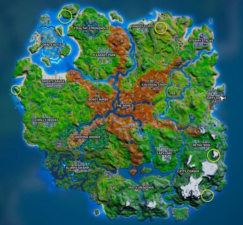 The five Fortnite telescope locations on the island (Image via Forbes)