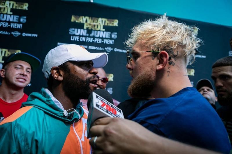 Jake Paul and Floyd Mayweather come face to face (Credit: Getty Images)