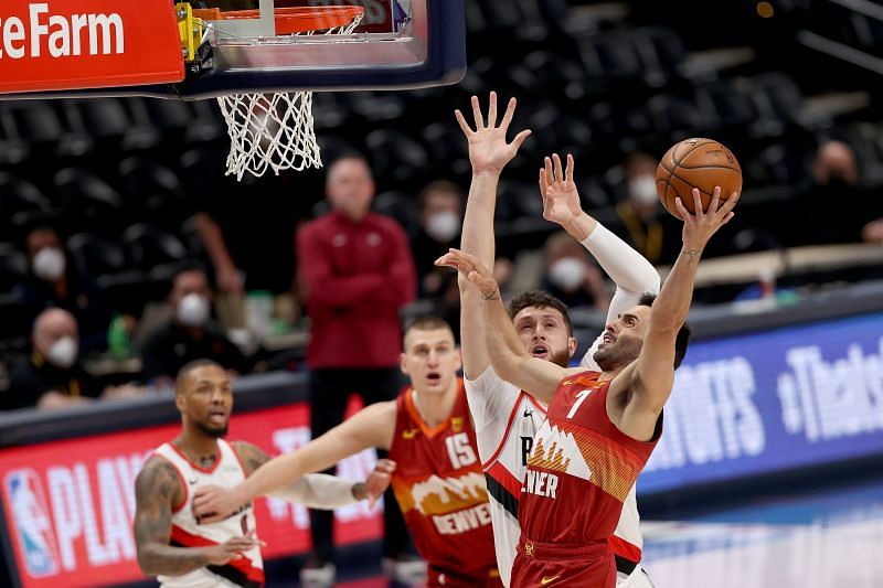 Facundo Campazzo #7 of the Denver Nuggets goes to the basket.