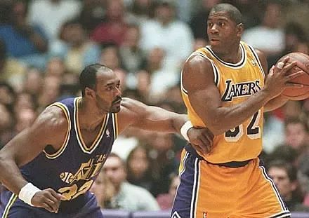 LA Lakers&#039; Magic Johnson vs Utah Jazz&#039;s Karl Malone