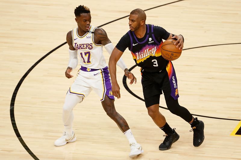 Chris Paul #3 handles the ball against Dennis Schroder #17.