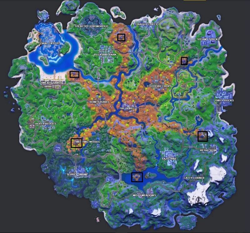 The Guardian Towers in Fortnite are highlighted in black squares on the map. Image via Fortnite.gg