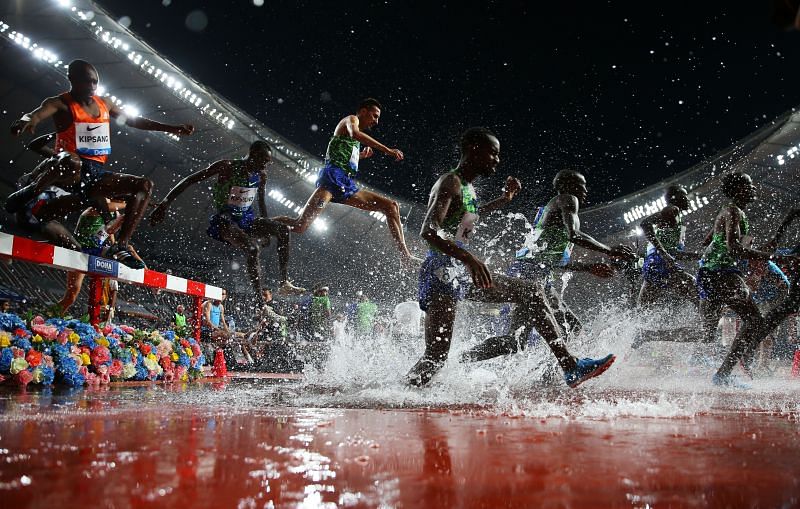 Men&#039;s 3000m Steeplechase in full swing during the 2019 IAAF Diamond League event at the Khalifa International Stadium in Doha, Qatar. (Photo by Francois Nel/Getty Images)