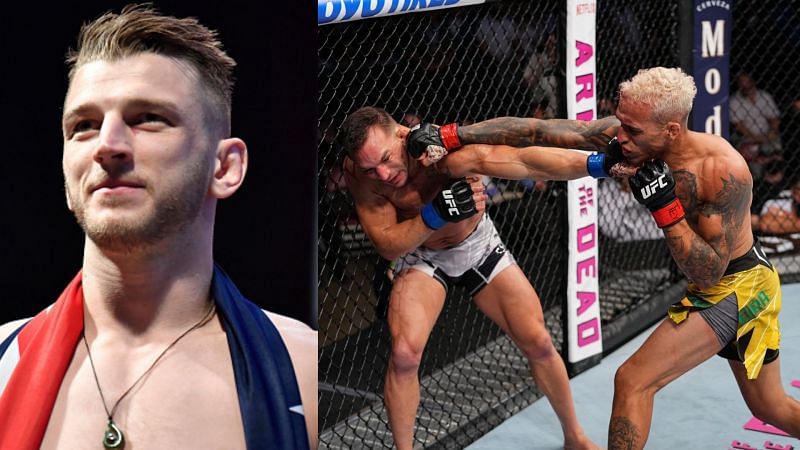 Dan Hooker (left) trolls Michael Chandler (center) after loss to Charles Oliveira (right)