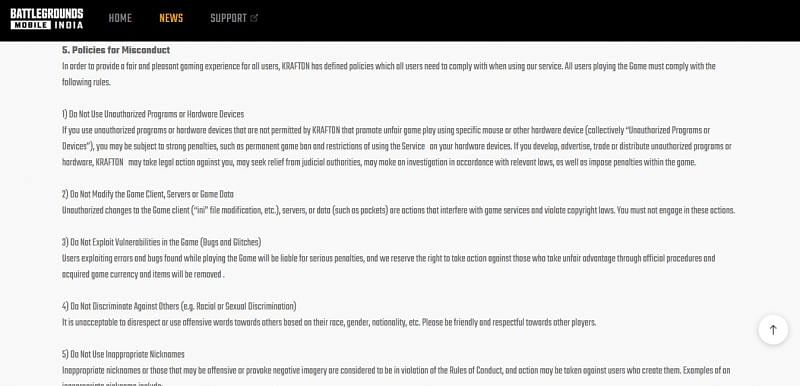 Rules for players (Image via Battlegrounds Mobile India website)