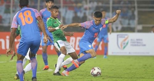 The Indian and Bangladesh football teams played a 1-1 draw earlier in the qualifying campaign. (Image: AFC)