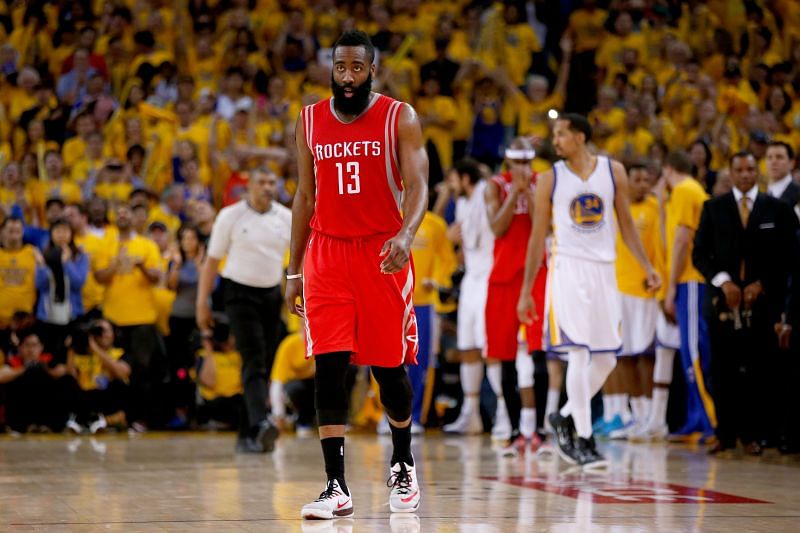 James Harden (#13) of the Houston Rockets in the 2015 NBA Playoffs Western Conference Finals.
