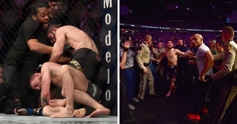 Khabib Nurmagomedov submits Conor McGregor at UFC 229 (left); Nurmagomedov being escorted by security after jumping the cage and starting a brawl (right)