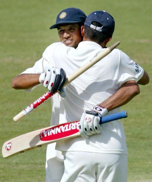 India batsman Rahul Dravid (L) is congra