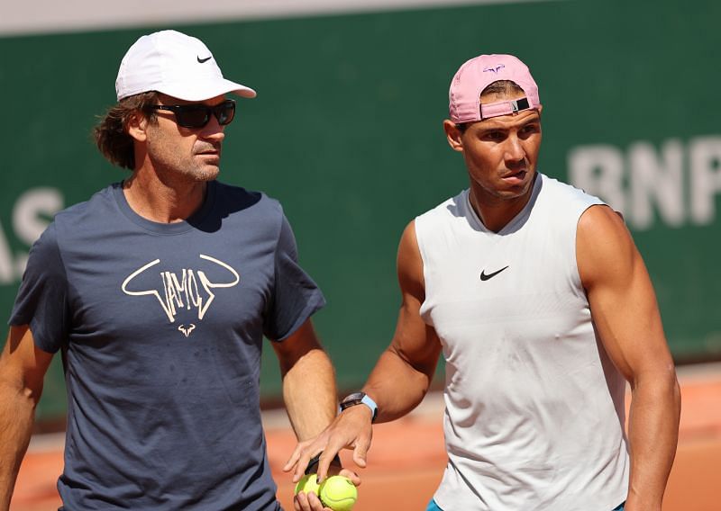 Carlos Moya and Rafael Nadal training at Roland Garros