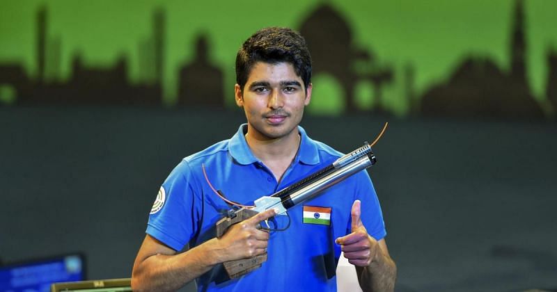 Saurabh Chaudhary  in action at the 2021 ISSF World Cup in New Delhi