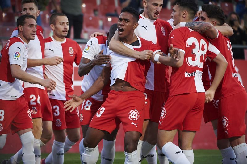 Girona recorded a huge 3-0 win over Almeria in the first leg semi-final of Spanish Segunda Division playoffs